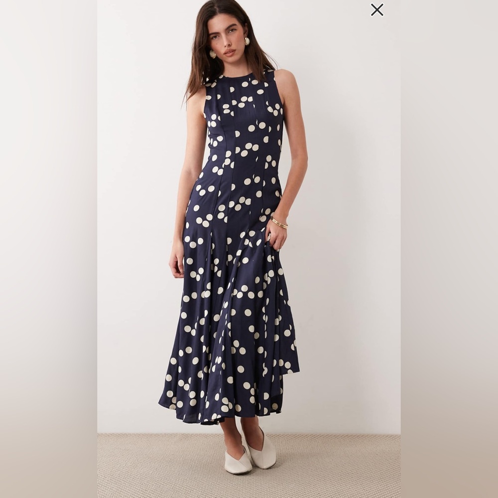 Navy Polka Dot Maxi Dress With Godets